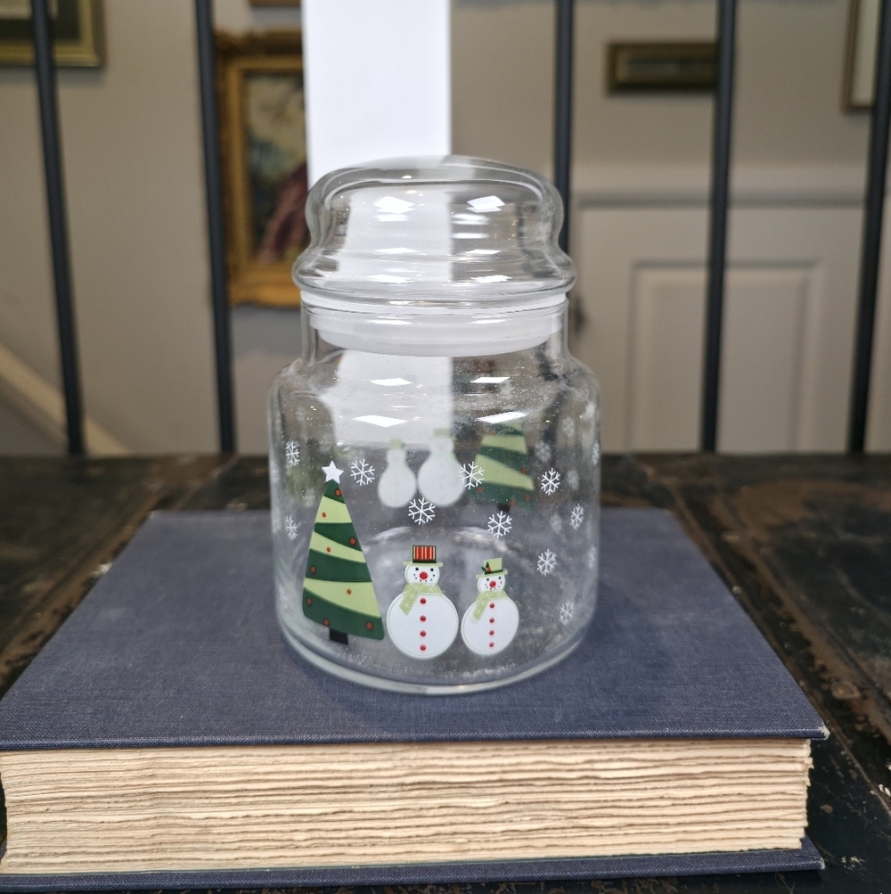 ​Whimsical Snowman & Tree Glass Canister Jar 5.25" Holiday Candy Cookie Storage